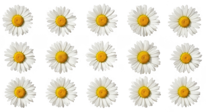 Bright Daisies with White Petals and Yellow Centers in a Repeated Pattern, isolated on a transparent background