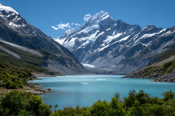 Obraz premium Majestic snow capped mountain peak above turquoise glacial lake glacier