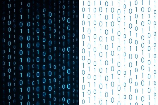 Digital binary code patterns on dark and light backgrounds