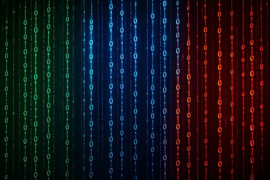 Digital rain of binary code in green blue and red hues
