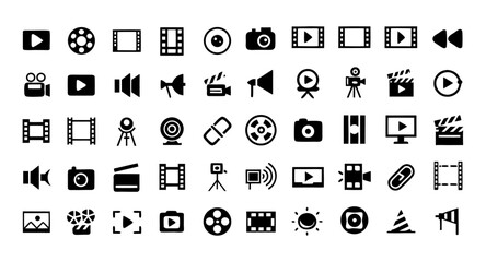 Video Icon Set – Editable Stroke Vector Icons of Camera, Play, Pause, Media Player, Online Video, Live Streaming, Film Production, Movie, Cinema, and More – Line Style Multimedia and Entertainment Ico