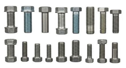 Variety of Metal Bolts and Nuts for Industrial and Diy Projects, isolated on a transparent background
