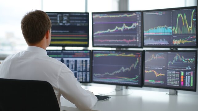 Businessman analyzing financial data on multiple screens