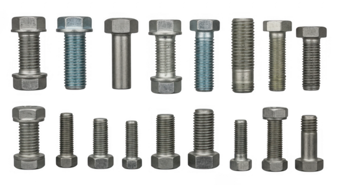 Variety of Metal Bolts and Nuts for Industrial and Diy Projects, isolated on a transparent background