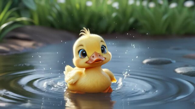 A cartoon duck is swimming in a pond. The duck is yellow and has a big smile on its face