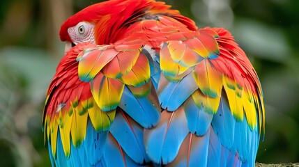 Fototapeta premium Close up of macaw feathers in natural habitat, vibrant color contrast against rainforest greens, 2025 trend wildlife detail shot