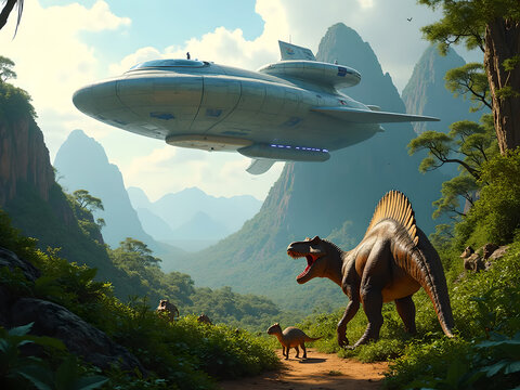 Time-Travel Spaceship Landing in Jurassic Era with T-Rex and Stegosaurus in Sci-Fi Dinosaur Scene