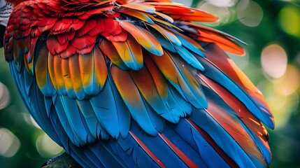Fototapeta premium Close up of macaw feathers in natural habitat, vibrant color contrast against rainforest greens, 2025 trend wildlife detail shot