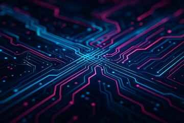 Fototapeta premium Abstract glowing circuit board lines in neon blue and pink on dark background