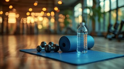 Empty gym with workout essentials including water bottle yoga mat and dumbbells during evening lighting