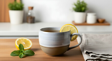 Cup Serves Tea with Lemon Slice and Mint Leaves on Wooden Table Indoors