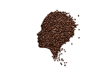 Human head profile formed by roasted coffee beans isolated on transparent background, png, cutout