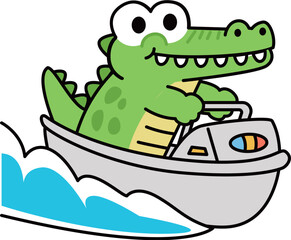 Cute crocodile character riding a boat illustration