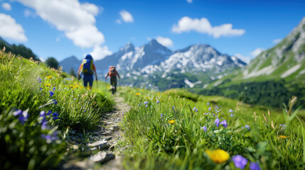 Photorealistic image of serene mountain trail with hikers surrounded by vibrant wildflowers and majestic peaks