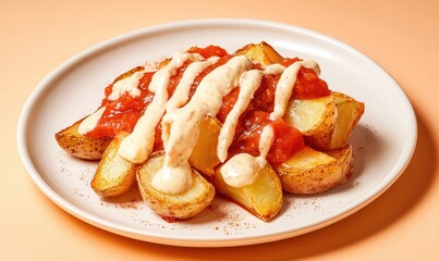 Patatas bravas on ivory plate