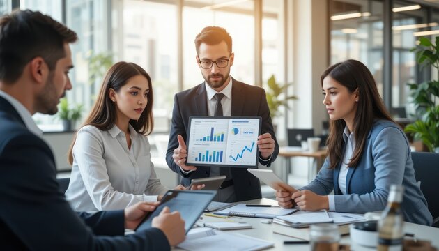 Business team analysis modern financial data using tablets in office space - Powered by Adobe