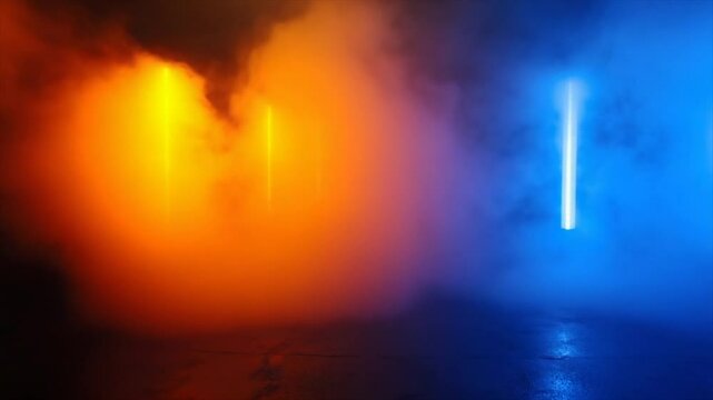 Abstract neon light artwork with orange and blue hues, smoky atmosphere, and reflective surface