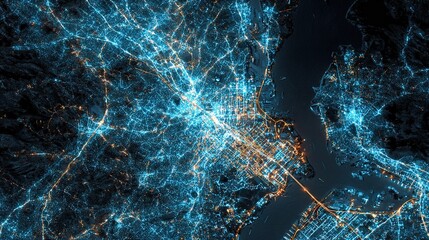 Fototapeta premium Aerial Night View of a City with Bright Lights and High Detail