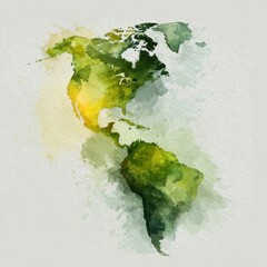 North and south america depicted as a vibrant green and yellow watercolor map