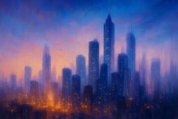 Fototapeta premium Impressionistic cityscape at dusk with blurry skyscrapers and warm city lights