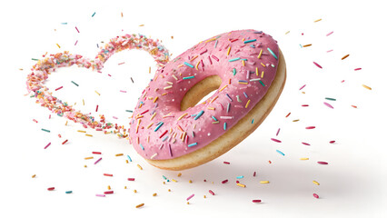 A pink frosted donut with colorful sprinkles floats near a heart made of candy sprinkles