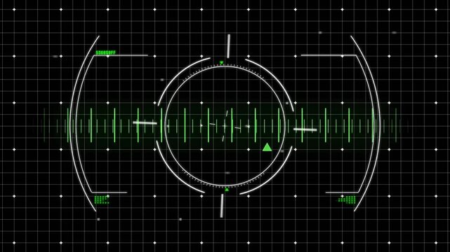 Green arrow starting reticle scanning, rotating arcs, pulsing waveform and flashing glitches