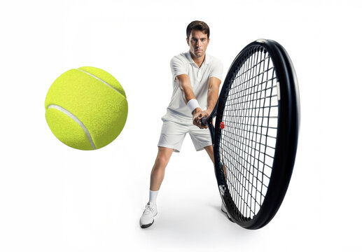 Tennis player in white prepares to hit a tennis ball, with racket and ball dramatically enlarged in the foreground for an exaggerated perspective.