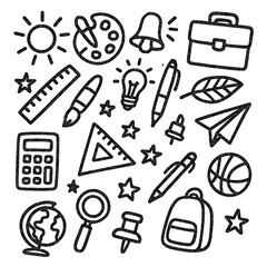 Back to School Hand Drawn Doodle Icon Collection – Education and Stationery Sketch Set – Marker Style – Transparent Background