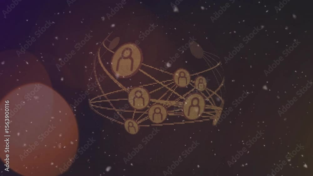 Poster purple glow fading showing 3d network globe rotating as icons linking lines visualizing data flow