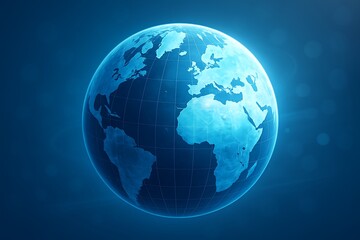 Glowing blue earth globe with continents and gridlines on dark background