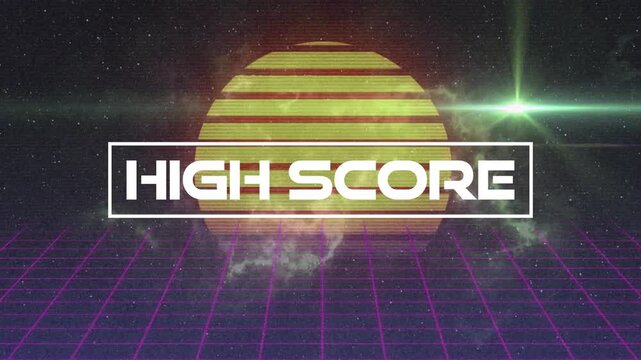 Glowing disc emerging from grid, drawing banner showing HIGH SCORE, glitching, sweeping green flare