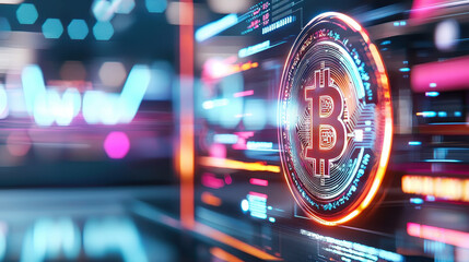 Glowing digital Bitcoin token surrounded by vibrant neon lights and futuristic graphics creates engaging atmosphere