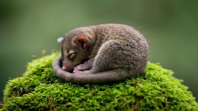 Sleeping Dormouse Curled on Moss: A Peaceful Wildlife Moment in Nature
