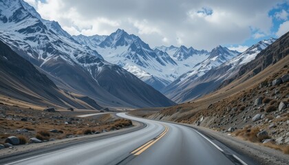 Dramatic Snowy Peaks with Winding Mountain Pass Road