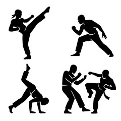Capoeira Silhouette Gesture Icons – Brazilian Martial Arts Dance Movements, Acrobatics, Combat Kicks, and Flowing Fighting Poses – Transparent Background