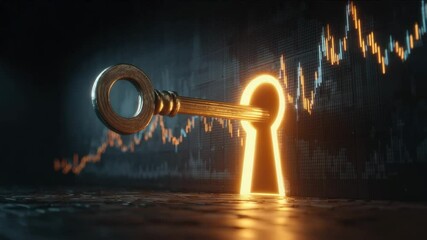 A golden key unlocking business secrets. The key fits perfectly into the glowing keyhole, revealing financial data in the background, symbolizing access to valuable information