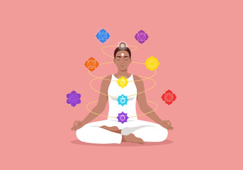 A person meditates amidst chakra symbols with a pink background