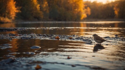 Obraz premium Small Brown Bird in Autumn River at Sunset