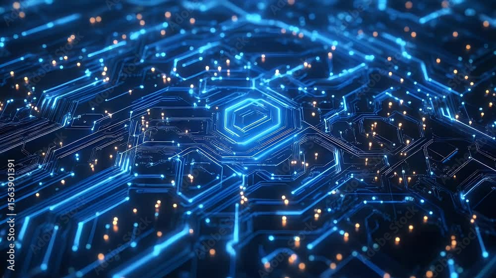 Poster abstract digital circuit board with glowing blue and orange lines symbolizing data processing and te