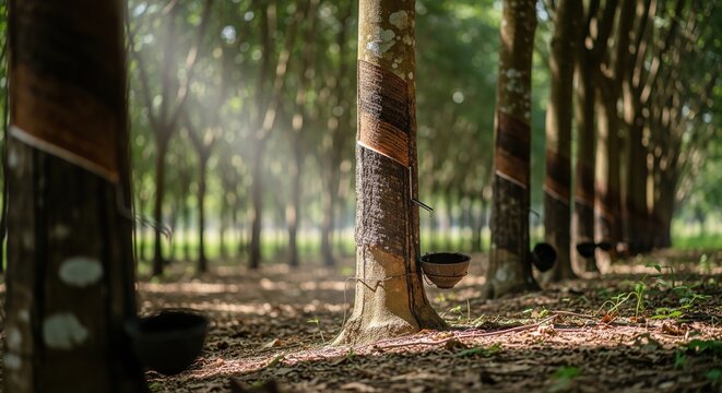 Rubber Tree Plantation: Sunlight Dappled Latex Collection