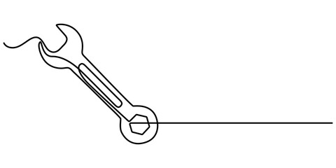 wrench icon continuous one line drawing, Adjustable wrench continuous single line drawing vector illustration, Continuous line drawing of wrench. Single line drawing of a wrench. Line art wrench. 