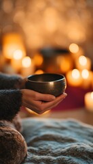 Close-up of hands holding Tibetan singing bowl in midair