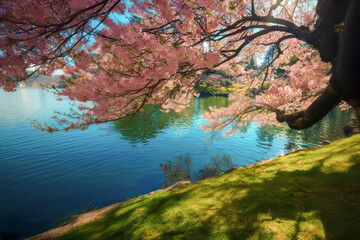 Blooming cherry tree stretching over serene lake in spring