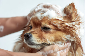 Veterinarian washing a cute pomeranian dog with soap and water