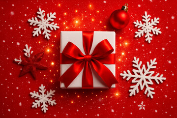 White gift box red ribbon snowflakes festive ornament christmas present