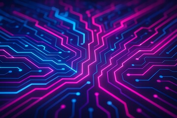 Abstract glowing circuit board with neon pink and blue lines on dark background