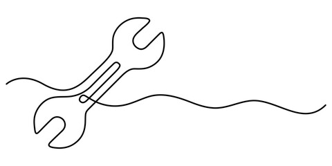 wrench icon continuous one line drawing, Adjustable wrench continuous single line drawing vector illustration, Continuous line drawing of wrench. Single line drawing of a wrench. Line art wrench. 
