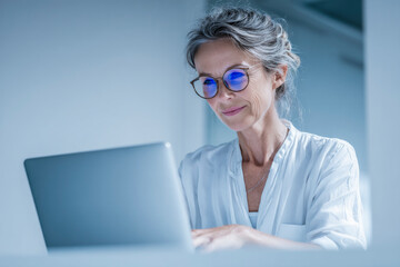 Senior businesswoman working with laptop, wearing blue light filter glasses