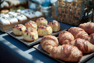 Delicious croissants and pastries displayed on trays for breakfast buffet