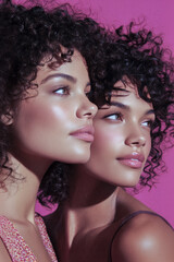 Two beautiful fashion models posing together with afro hairstyle on pink background